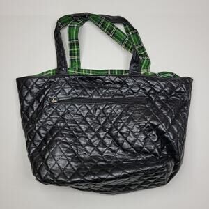 Fashion Express Quilted Reversible Faux Black Leather & Green Plaid Strap Tote
